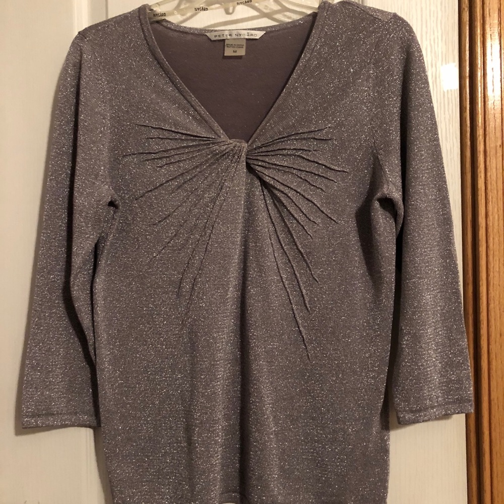Peter Nygard silver metallic twisted yoke sweater